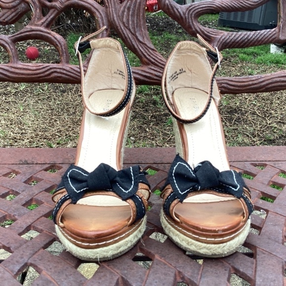 Bamboo Vegan Leather Black Fabric Detail Platform Wedge Heel/ Sandal Siz… - Picture 4 of 10